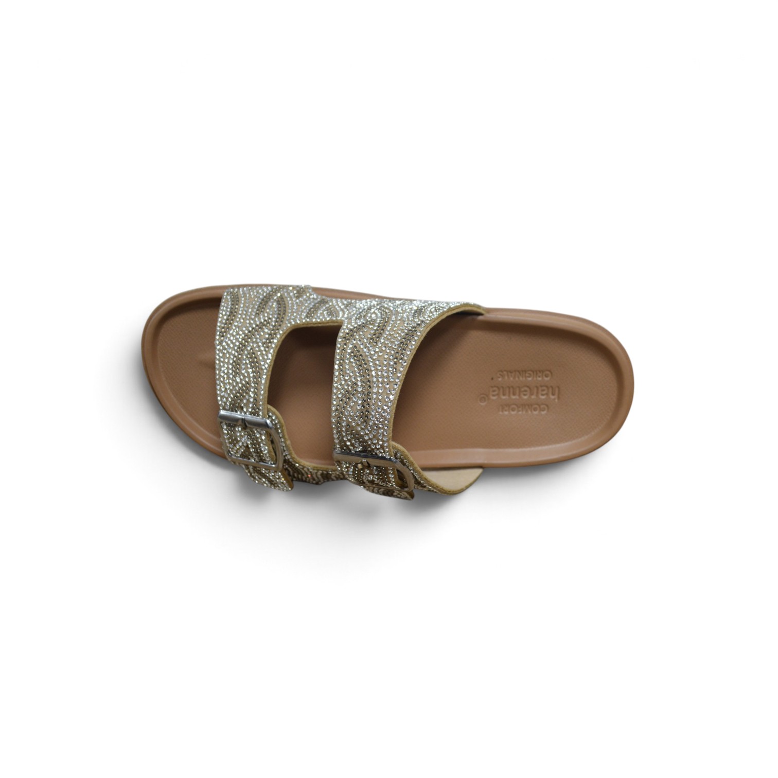 Articulo 2896<br>SANDALIA DAMA – 35/40 – HARENA<br>Color 99001 BAMBÚ/BRILLOS <br> <span class='titulo_secundario' style='background-color:white;color:black;margin-top:7px; margin-bottom:0px;font-size:20px;'>Precio del Par</span>